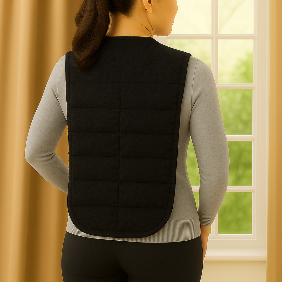 Person wearing a black herbal heating pad on their upper back, demonstrating natural heat therapy for muscle relaxation and pain relief in a cozy indoor setting.