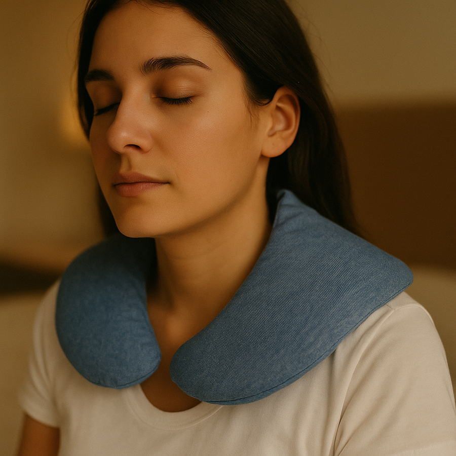 A woman with her eyes closed, wearing a white t-shirt and a blue denim-look hot/cold neck wrap or heating pad.