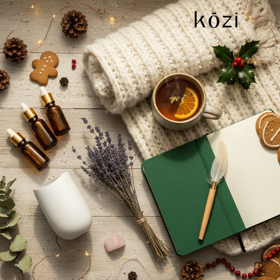 Cozy flat lay with essential oils, tea, knitted blanket, notebook, and holiday decorations on a wooden table.